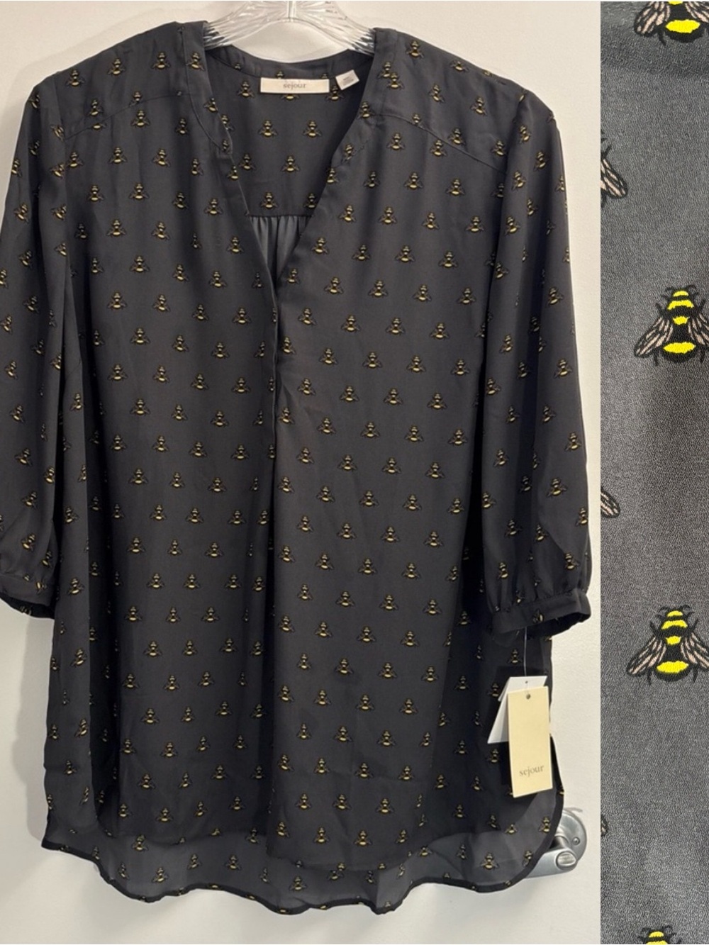 Sejour Womens Novelty Bee Print Blouse Top Size 16W 3/4‎ Sleeve High Low Hem NWT